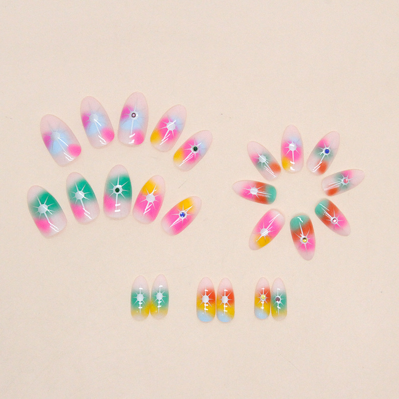 Colorful Rainbow Star Diamond Almond Nail Fake Nails Halloween Acrylic Press On Finger Nails Wholesale