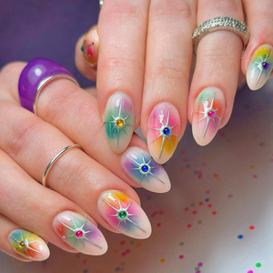 Colorful Rainbow Star Diamond Almond Nail Fake Nails Halloween Acrylic Press On Finger Nails Wholesale