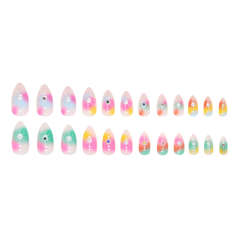 Colorful Rainbow Star Diamond Almond Nail Fake Nails Halloween Acrylic Press On Finger Nails Wholesale