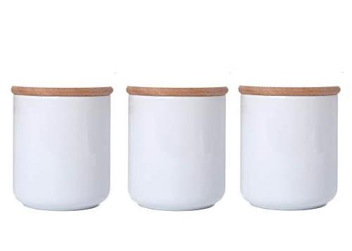 Fashionable matte ceramic candle jar storage canister container vessel with wooden lid