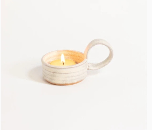 White Tea Lite Candle Holder with Handle Wax warmer stoneware ceramic