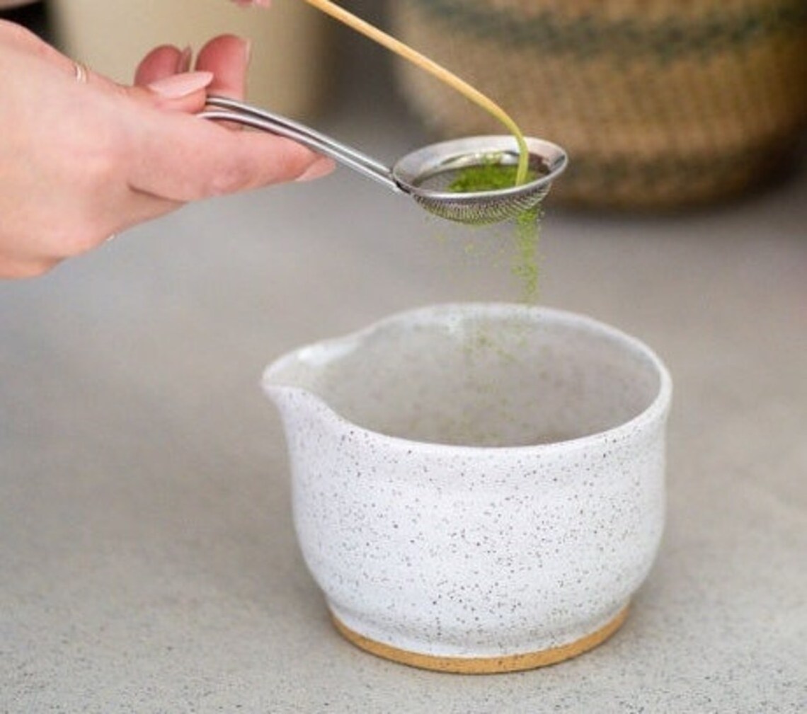 Speckled Stoneware Matcha Tea bowl Handmade Pottery White Ceramic Matcha Bowl with Spout