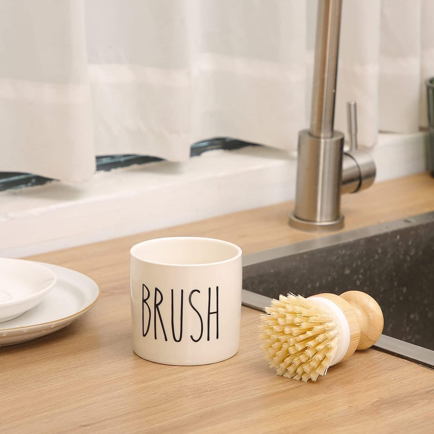 Euro Scrub Brush Kitchen Dish Brush and Holder Ceramic Dish Brush Holder for Kitchen