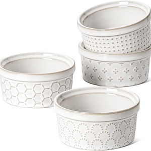 Set of 4 4oz Gift Ceramic Embossment Custard Cups Pie Pot Ramiken Baking Dish for Creme Brulee, Lava Cakes, Pudding, Souffle