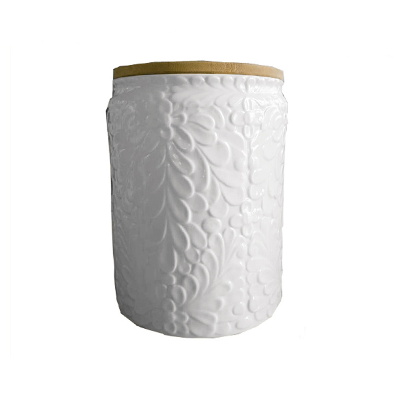 Embossed Flower Pattern Ceramic Big Cookie Storage Canister with Bamboo Cover