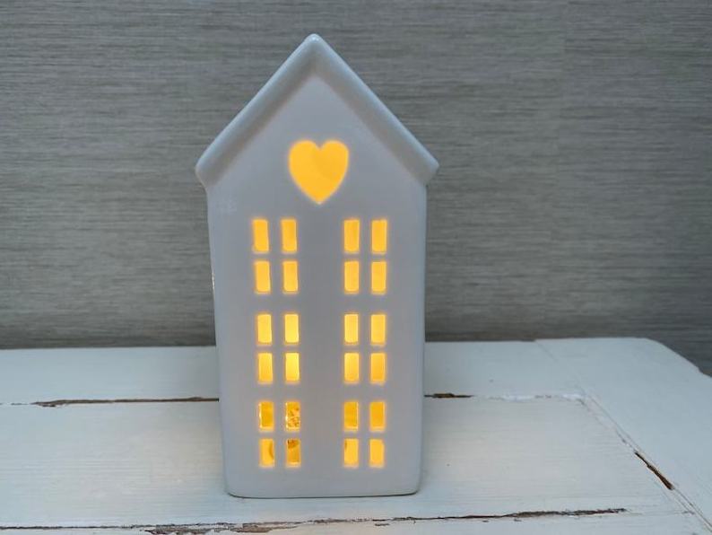 Unique Tealight Holder Ceramic House LED Light Lantern for Home Christmas