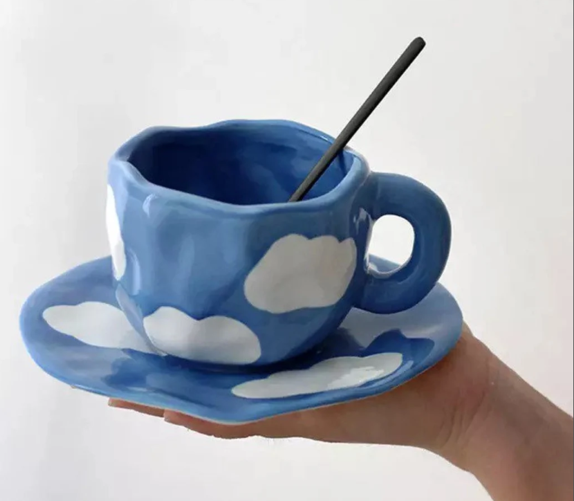 Aesthetic Cloud Painting Blue Ceramic Pottery Mug with Saucer Set Blue Sky Pottery Cloud Hand Painted Art Wine Juice Milk Cups