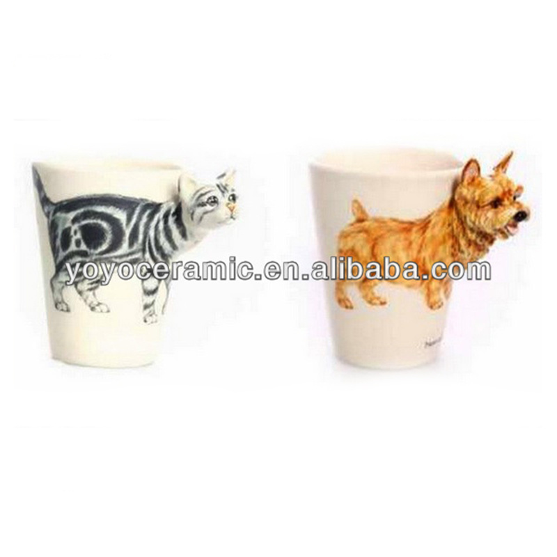 3d white creative ceramic mug with dog head or cat head