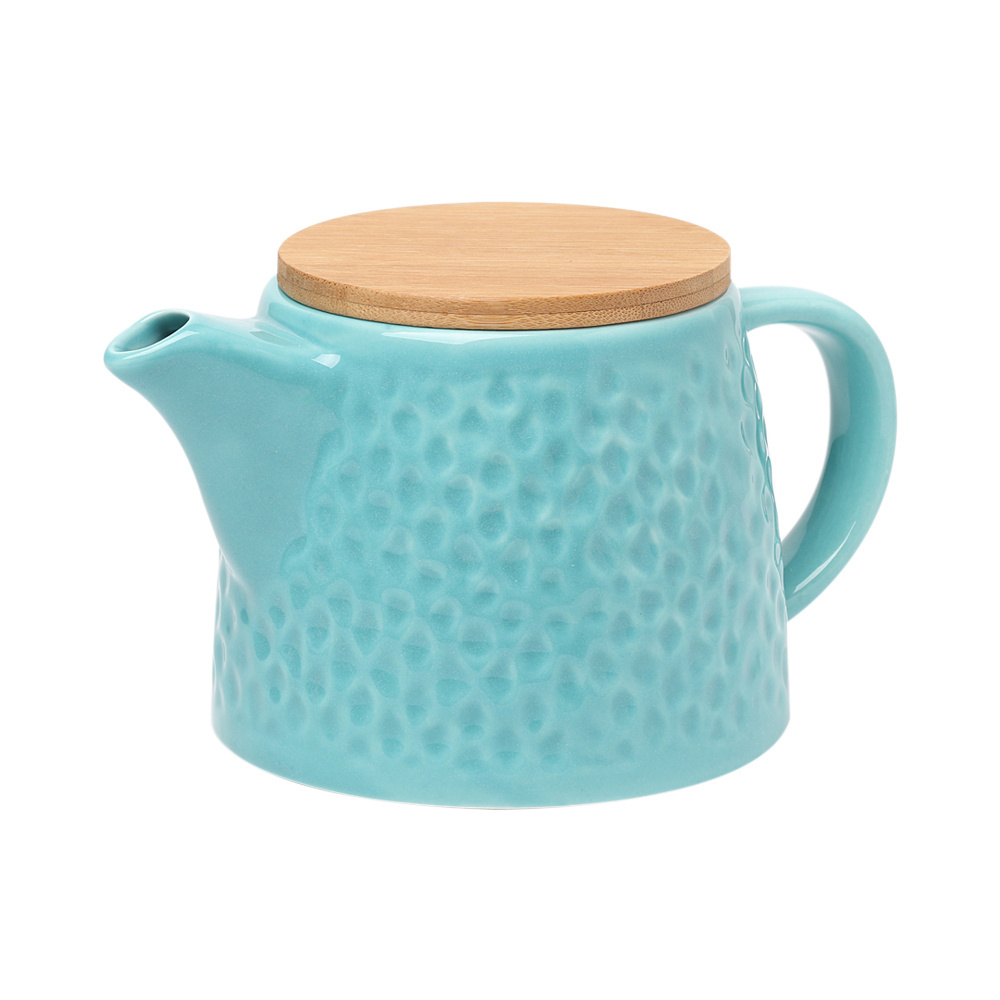 Wholesale Teal Ceramic Teapot With Stainless Steel Infuser And Bamboo Lid