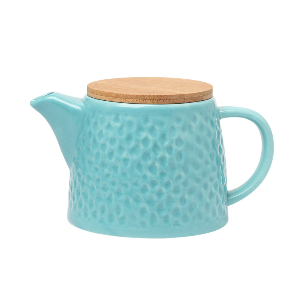 Wholesale Teal Ceramic Teapot With Stainless Steel Infuser And Bamboo Lid