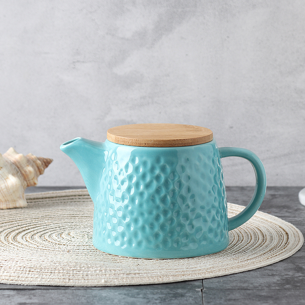 Wholesale Teal Ceramic Teapot With Stainless Steel Infuser And Bamboo Lid