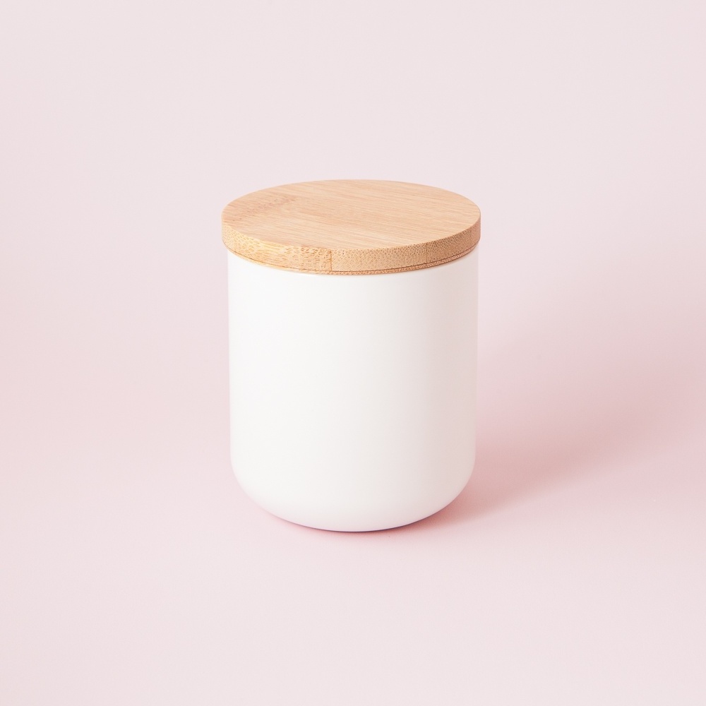 Fashionable matte ceramic candle jar storage canister container vessel with wooden lid