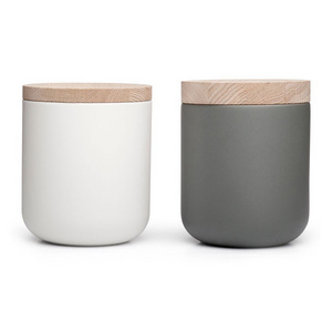 Fashionable matte ceramic candle jar storage canister container vessel with wooden lid