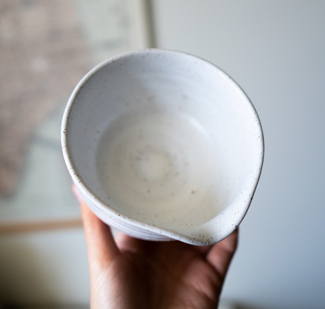 Speckled Stoneware Matcha Tea bowl Handmade Pottery White Ceramic Matcha Bowl with Spout