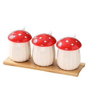 Exquisite Mushroom Ceramic Spice Jars Spice Containers Kitchen Sugar Salt Condiment Jars Set with Lids Spoons and Tray