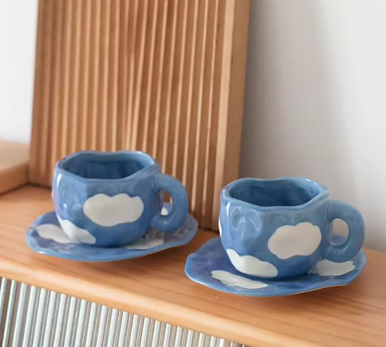 Aesthetic Cloud Painting Blue Ceramic Pottery Mug with Saucer Set Blue Sky Pottery Cloud Hand Painted Art Wine Juice Milk Cups