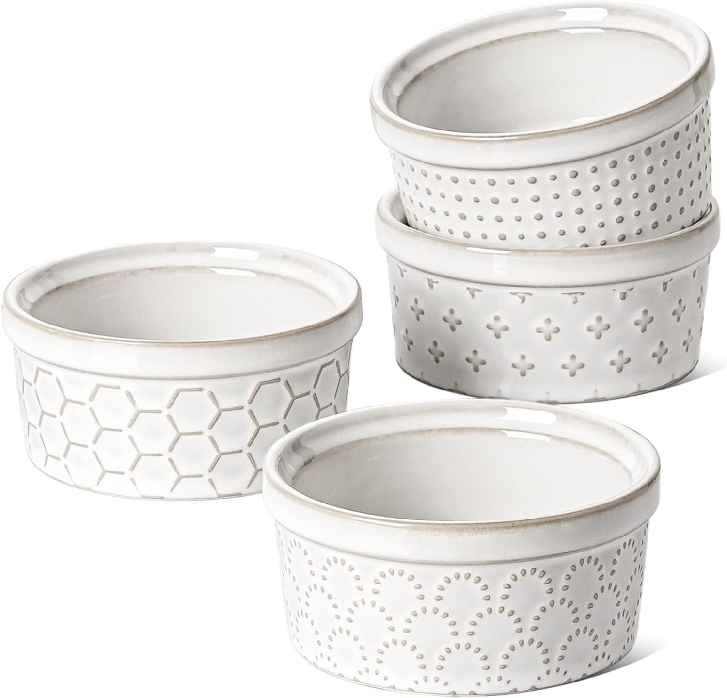 Set of 4 4oz Gift Ceramic Embossment Custard Cups Pie Pot Ramiken Baking Dish for Creme Brulee, Lava Cakes, Pudding, Souffle