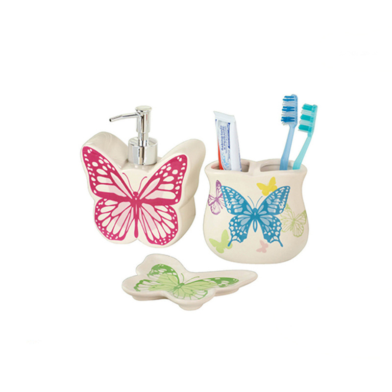 Butterfly Bathroom Accessory Ceramic Lotion Dispenser Toothbrush Holder