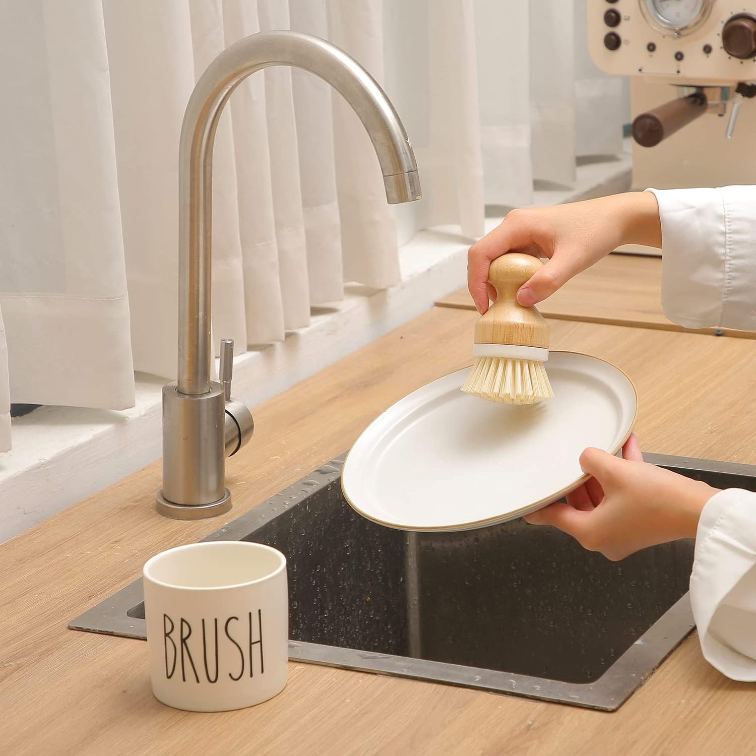 Euro Scrub Brush Kitchen Dish Brush and Holder Ceramic Dish Brush Holder for Kitchen