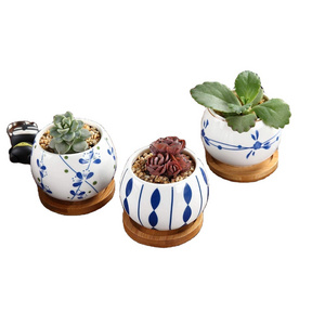 2.5 Inch Ceramic Succulent Planter Pot with Bamboo Saucer Set of 3 Cactus Flower Pot Gift for Mom Sister Aunt Home Office Decor