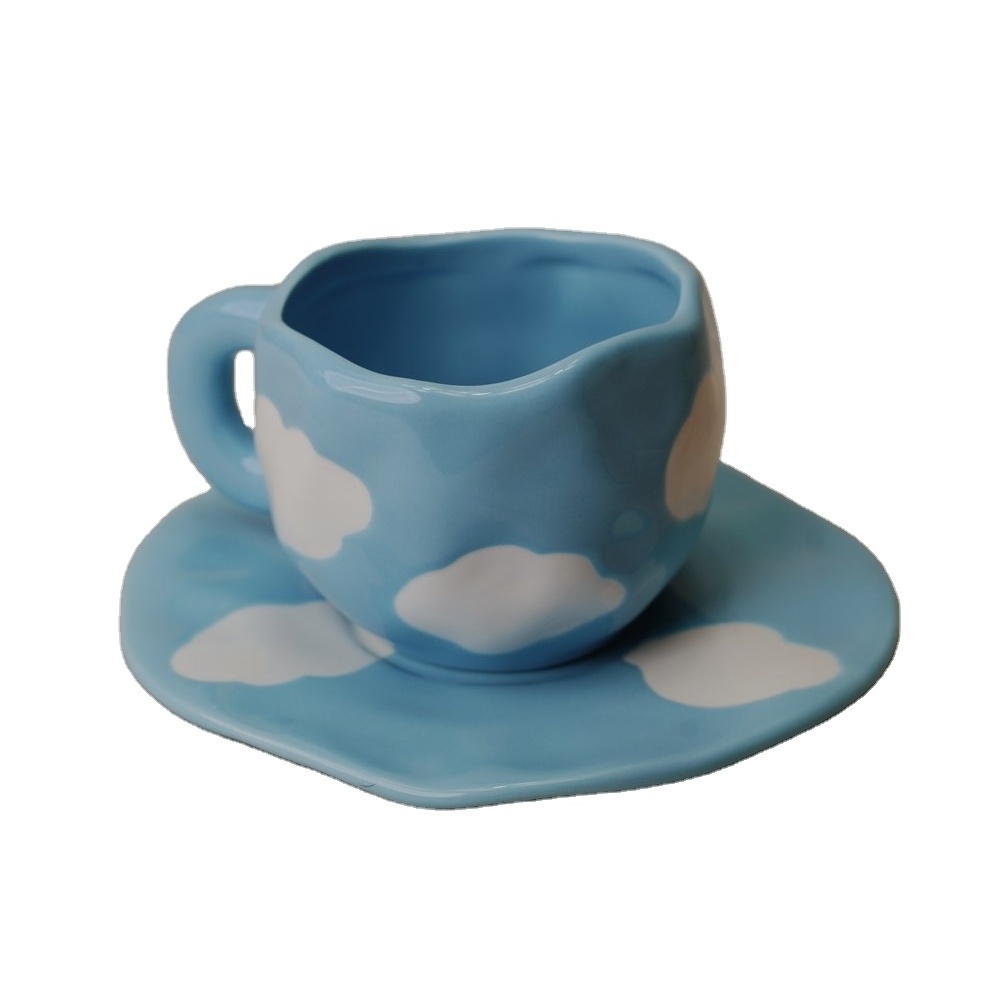 Aesthetic Cloud Painting Blue Ceramic Pottery Mug with Saucer Set Blue Sky Pottery Cloud Hand Painted Art Wine Juice Milk Cups