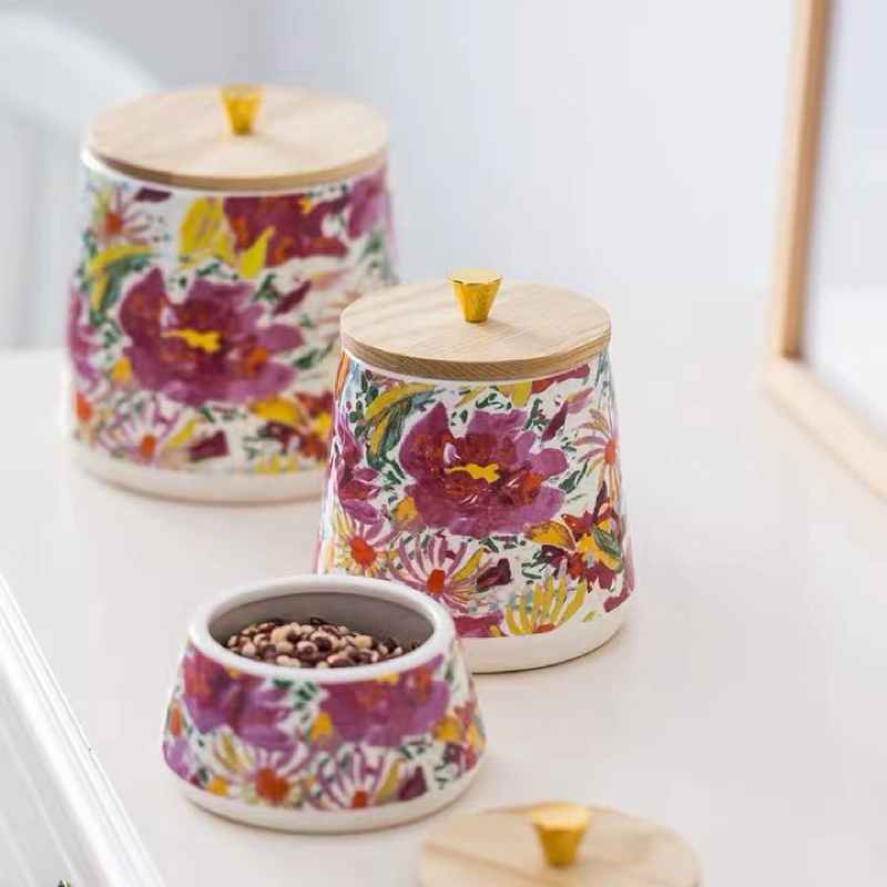 17 Oz Decorative Flower Decal Customized Kitchenware Ceramic Canisters Storage Jars for Grain, Rice, Coffee, Sugar, Tea, Spice