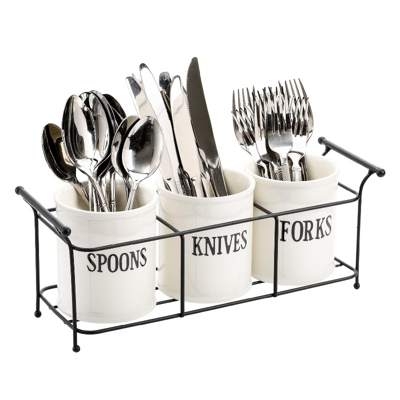 3Pcs Kitchen Cutlery Holder Set Ceramic Silverware Caddy Utensil Holder Flatware Caddy Cutlery Storage Organizer for Kitchen