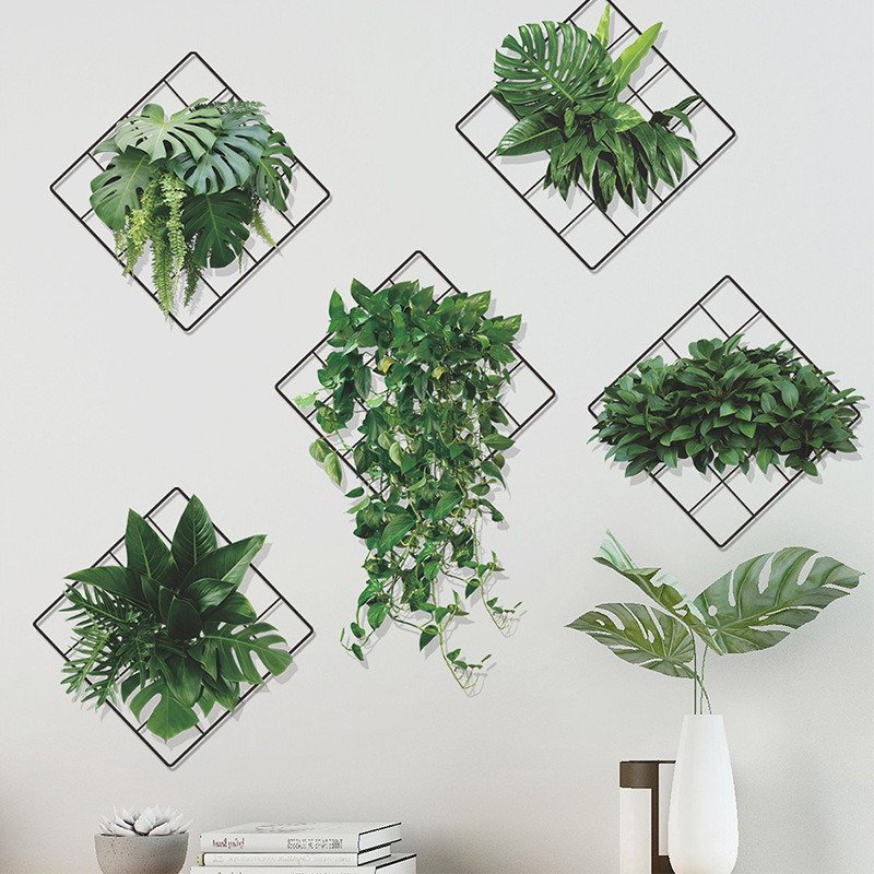 3D Removable Green Leaves Wall Art Decor Stickers Vivid Green Plants Monstera Leaf Ivy Grid Wall Decor Decal