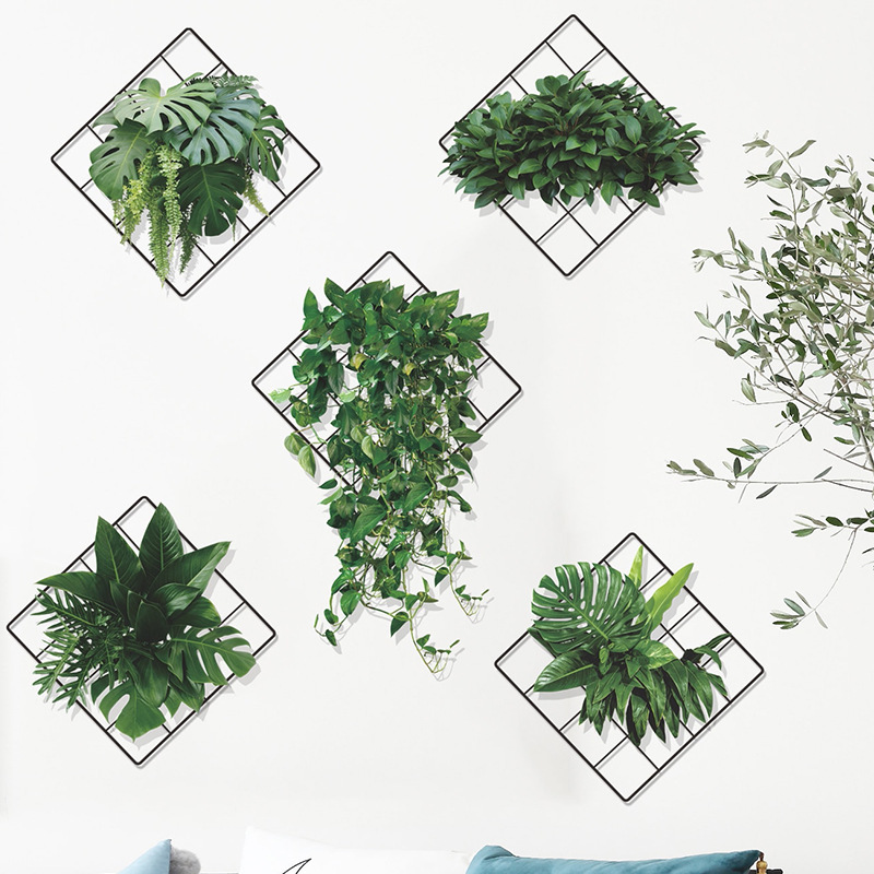 3D Removable Green Leaves Wall Art Decor Stickers Vivid Green Plants Monstera Leaf Ivy Grid Wall Decor Decal