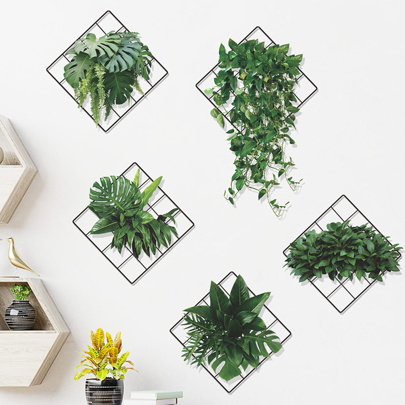 3D Removable Green Leaves Wall Art Decor Stickers Vivid Green Plants Monstera Leaf Ivy Grid Wall Decor Decal