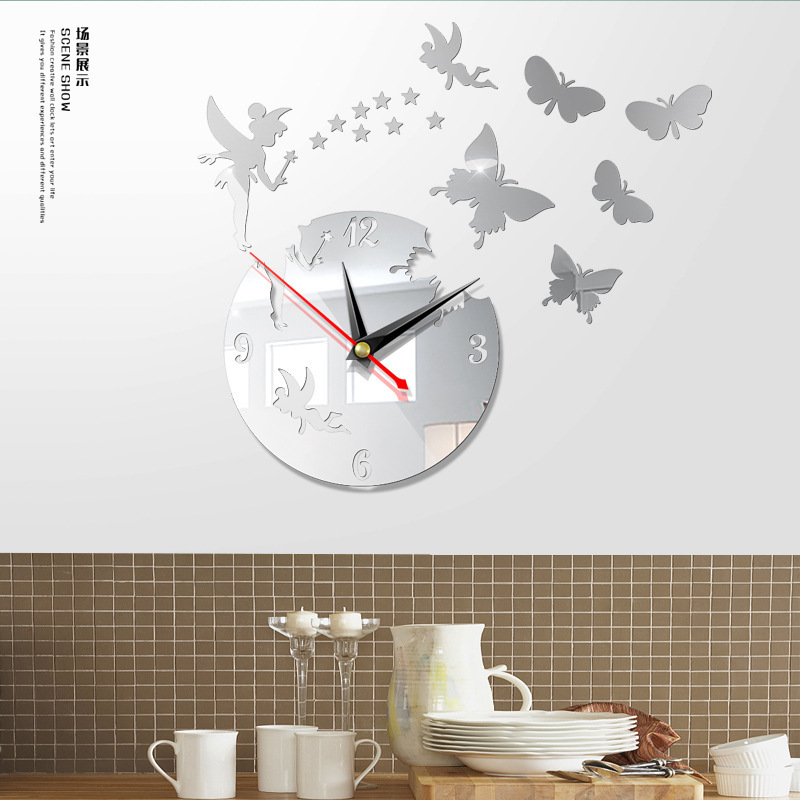 Hot sale diy geometric wall watches mirror acrylic quartz clock stars and butterfly decoration wall stickers clock