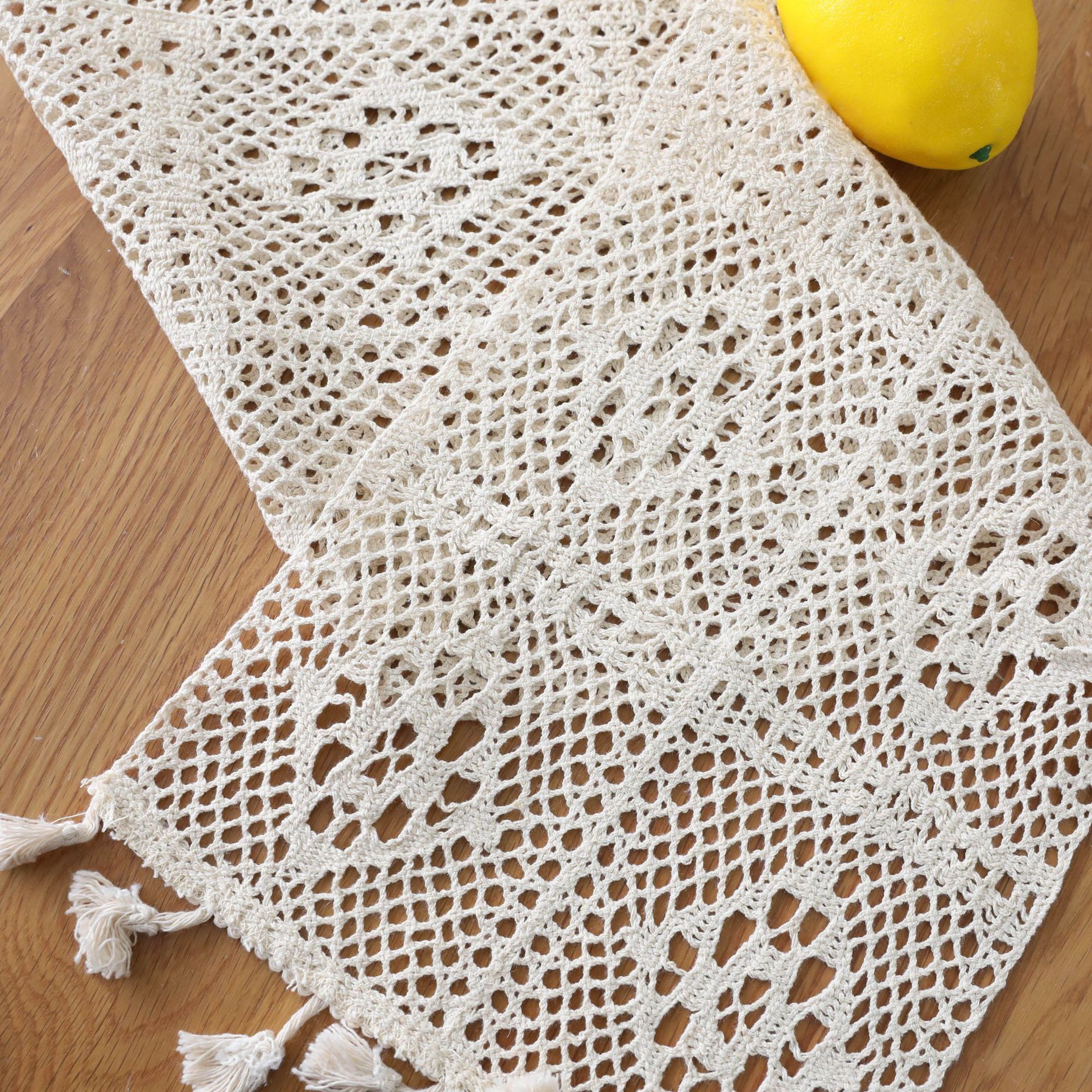 Natural Cotton Crochet Lace Boho White Macrame Table Runner with Tassels for Bohemian Rustic Wedding Home Dining Table Decor