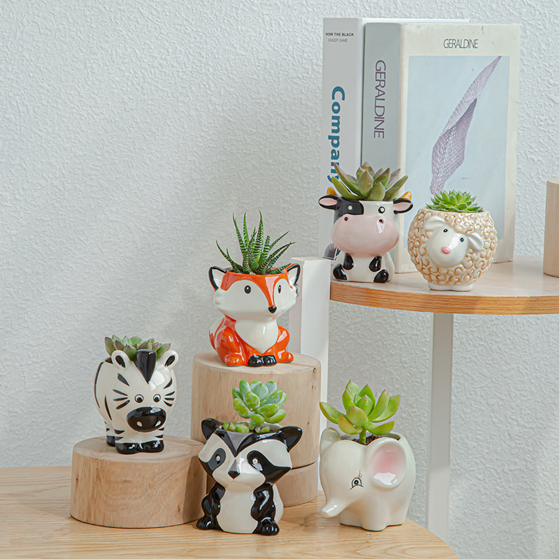 Indoor Mini Ceramic Flower Planters Cactus Container Cute Cartoon Animal Succulent Planter Pots with Drainage Hole