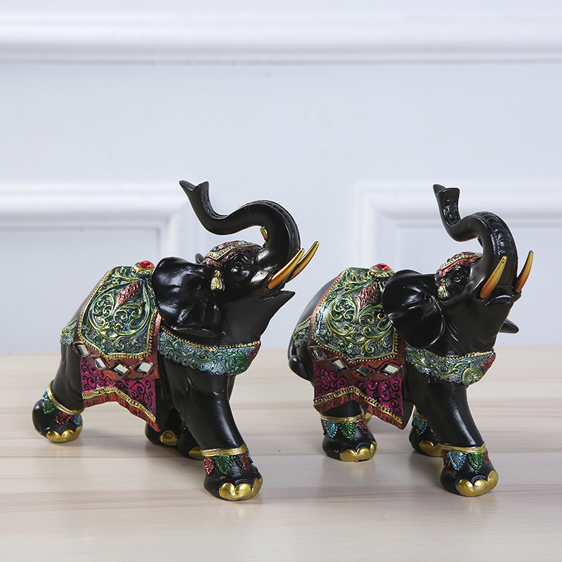 Thailand Creative Home Decor Collectible Figurine Statue Black Thai Elephant Resin Wealth Lucky Figurines