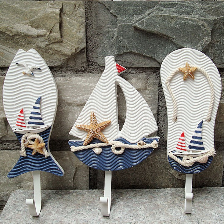 Beach Coastal Decoration Creative Handcrafts Nautical Sailing Boat Slipper Shape Coat Towel Hanger Wood Wall Hooks