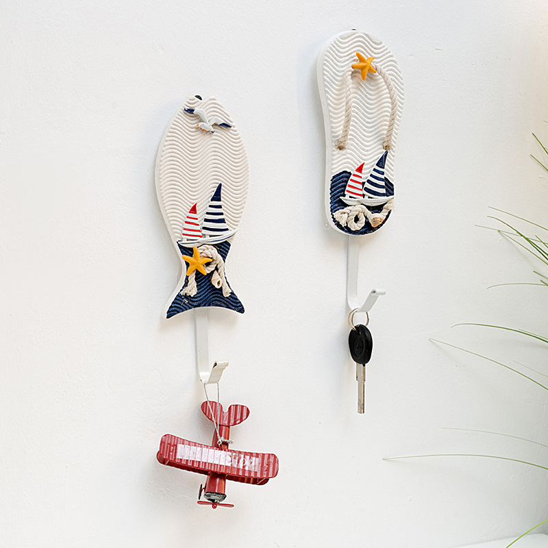 Beach Coastal Decoration Creative Handcrafts Nautical Sailing Boat Slipper Shape Coat Towel Hanger Wood Wall Hooks