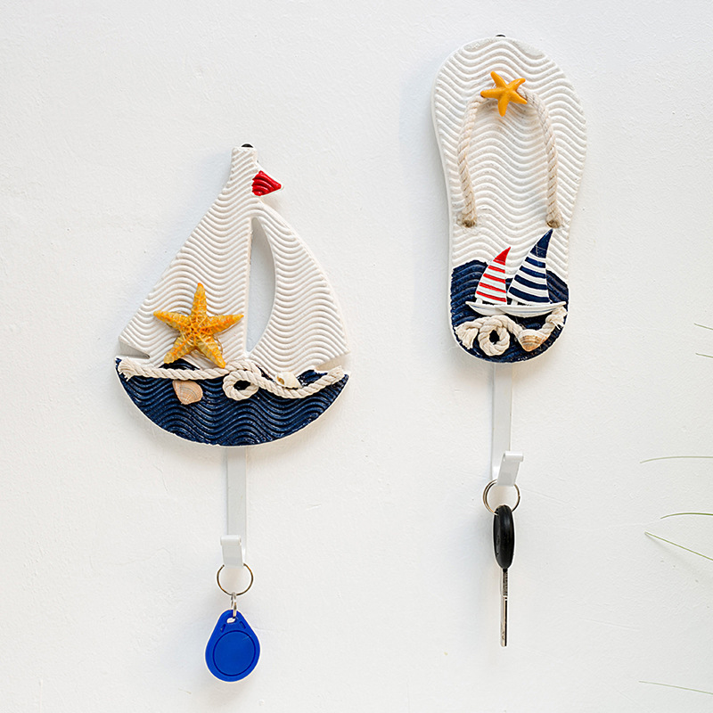 Beach Coastal Decoration Creative Handcrafts Nautical Sailing Boat Slipper Shape Coat Towel Hanger Wood Wall Hooks