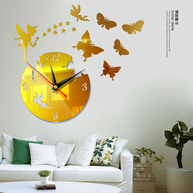 Hot sale diy geometric wall watches mirror acrylic quartz clock stars and butterfly decoration wall stickers clock