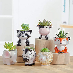 Indoor Mini Ceramic Flower Planters Cactus Container Cute Cartoon Animal Succulent Planter Pots with Drainage Hole