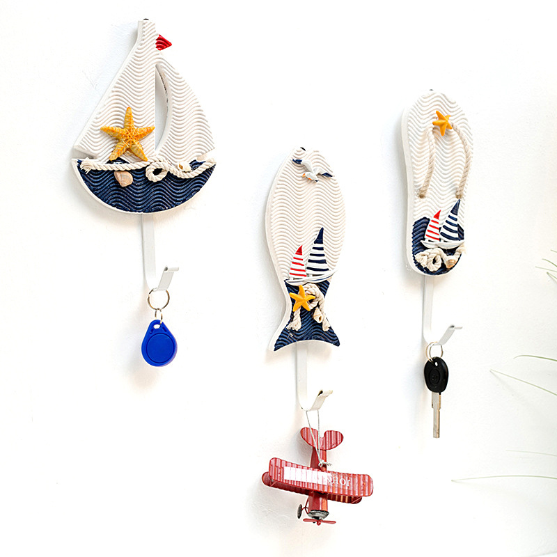 Beach Coastal Decoration Creative Handcrafts Nautical Sailing Boat Slipper Shape Coat Towel Hanger Wood Wall Hooks