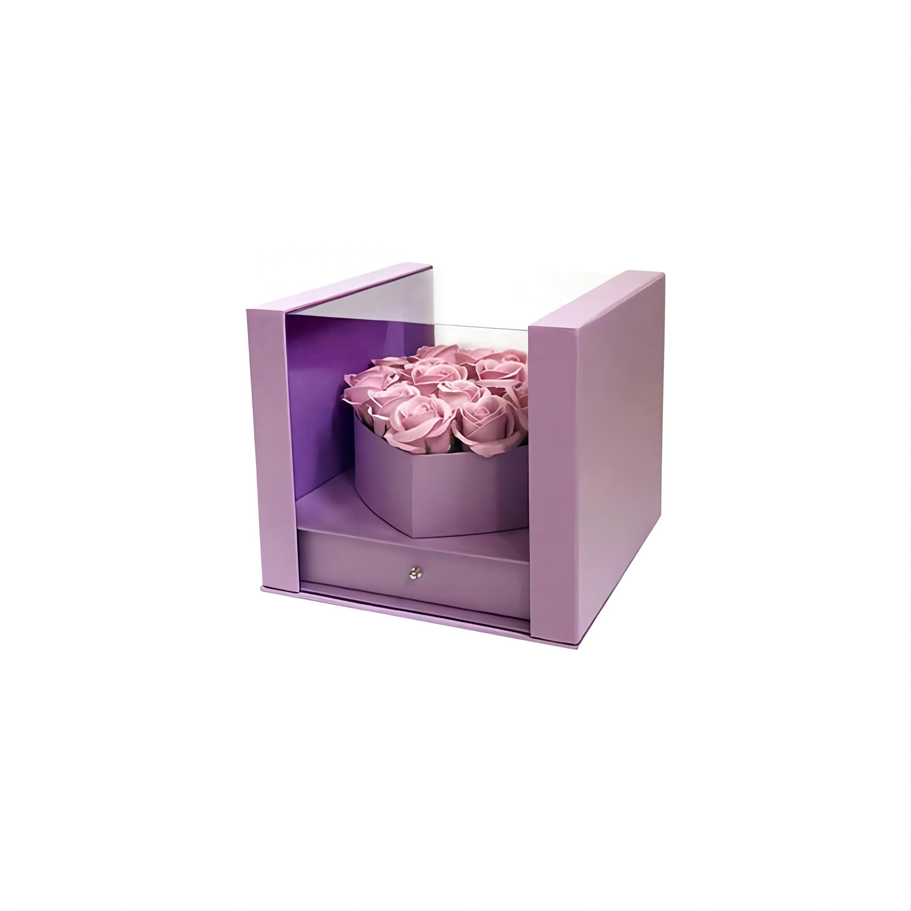 Luxury PVC Cover Transparent Window Square Drawer Box Flower Arrangement Box Gift Box with Ribbon