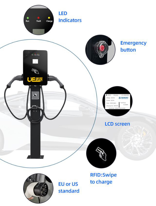 UEOem Dual Guns 14kw Ac Ev Charger Type 1 Or Type 2 Wallbox Charger Public Use With Wifi Commercial Public Ev Charger Ac