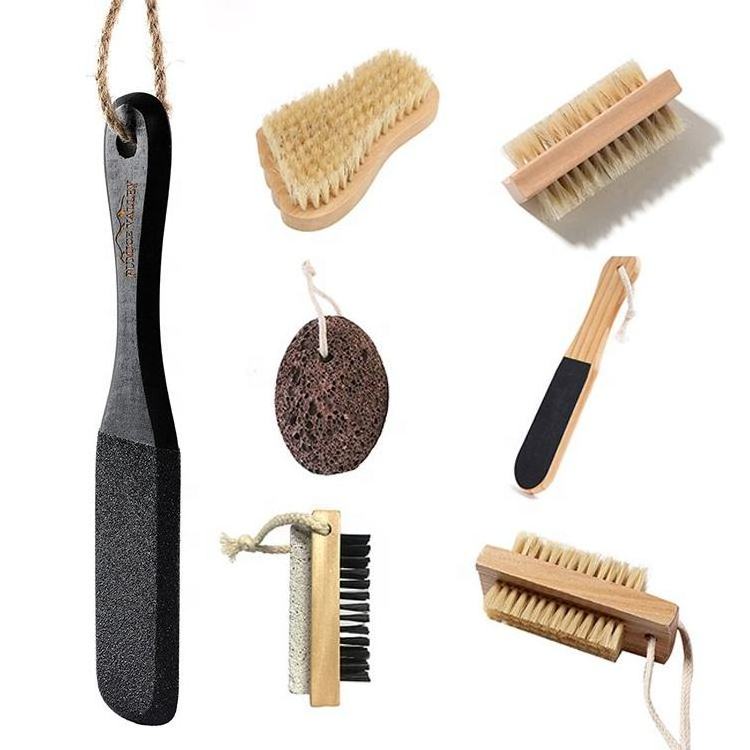 Custom Hot Selling 4In1 Double Sided Foot Cleaner Kit Pedicure Steel Files Sandpaper Pumice Stone Boar Bristle Bamboo Foot Scrub