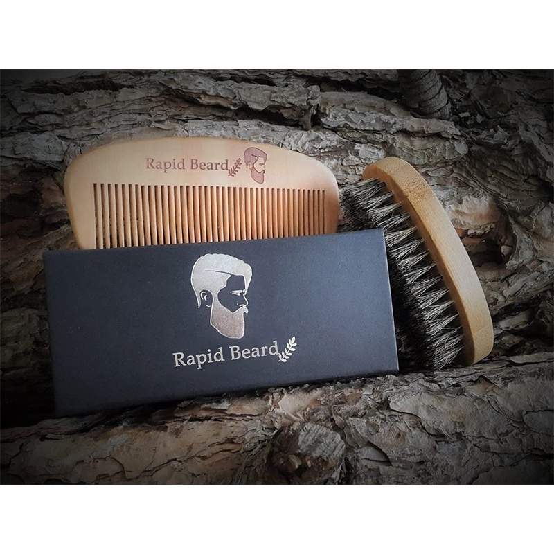 Gift Box / Bag 100% Natural Wild Boar Bristle Wooden Beard Brush Comb Kit Custom Logo Barber Salon Beard Brush And Comb Set