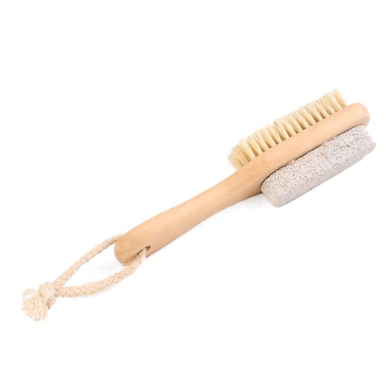 Customized Wooden Long Handle Body Exfoliating Bath Pumice Double Sided Callus Remover Pumice Stone Soft Bristle Brush