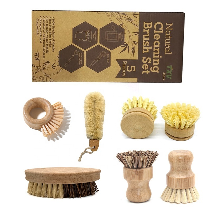 Natural Kitchen Dish Pot washing brush Beech wood and Bamboo Round Sisal Bristle Pot Brush Dish cleaning Brush