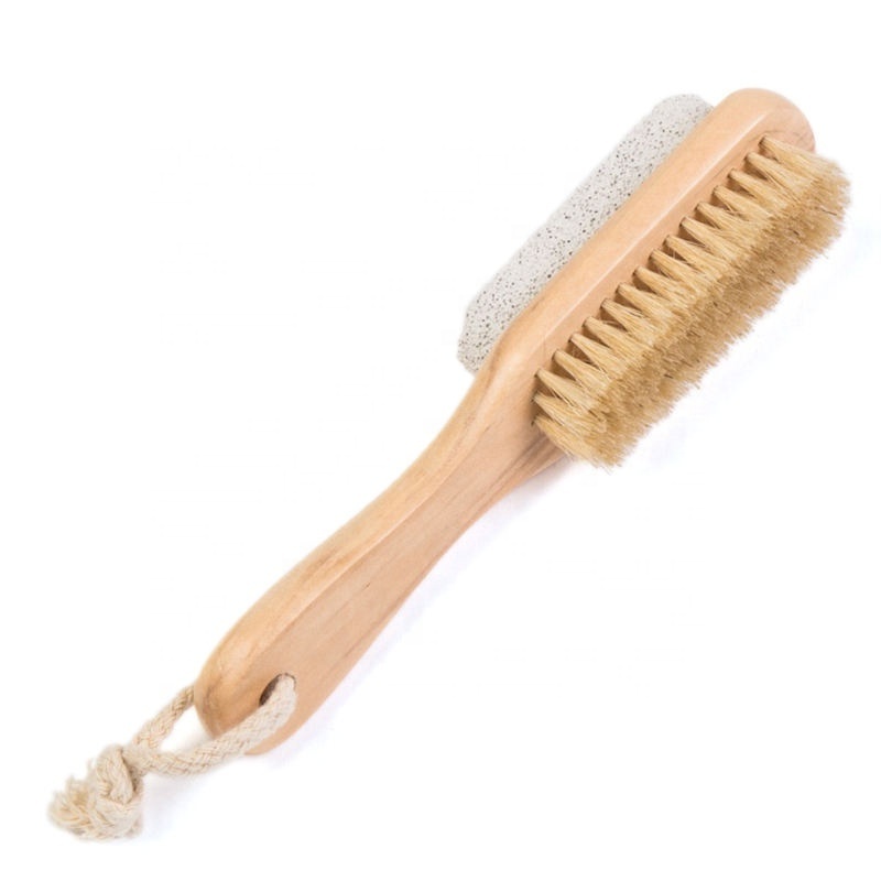 Customized Wooden Long Handle Body Exfoliating Bath Pumice Double Sided Callus Remover Pumice Stone Soft Bristle Brush