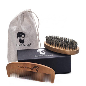 Gift Box / Bag 100% Natural Wild Boar Bristle Wooden Beard Brush Comb Kit Custom Logo Barber Salon Beard Brush And Comb Set