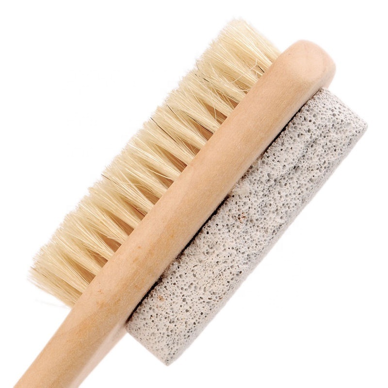 Customized Wooden Long Handle Body Exfoliating Bath Pumice Double Sided Callus Remover Pumice Stone Soft Bristle Brush