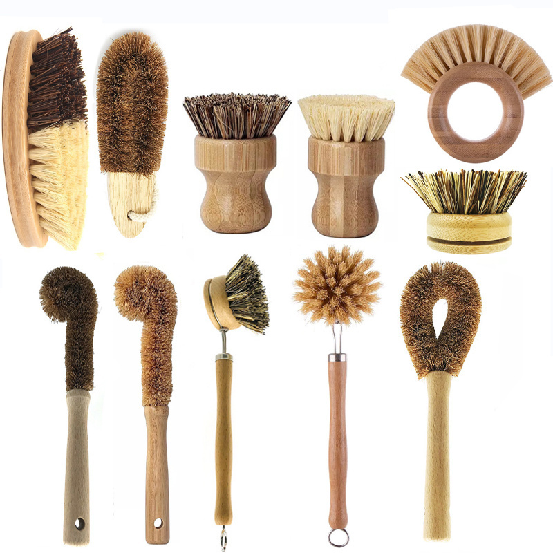 Natural Kitchen Dish Pot washing brush Beech wood and Bamboo Round Sisal Bristle Pot Brush Dish cleaning Brush